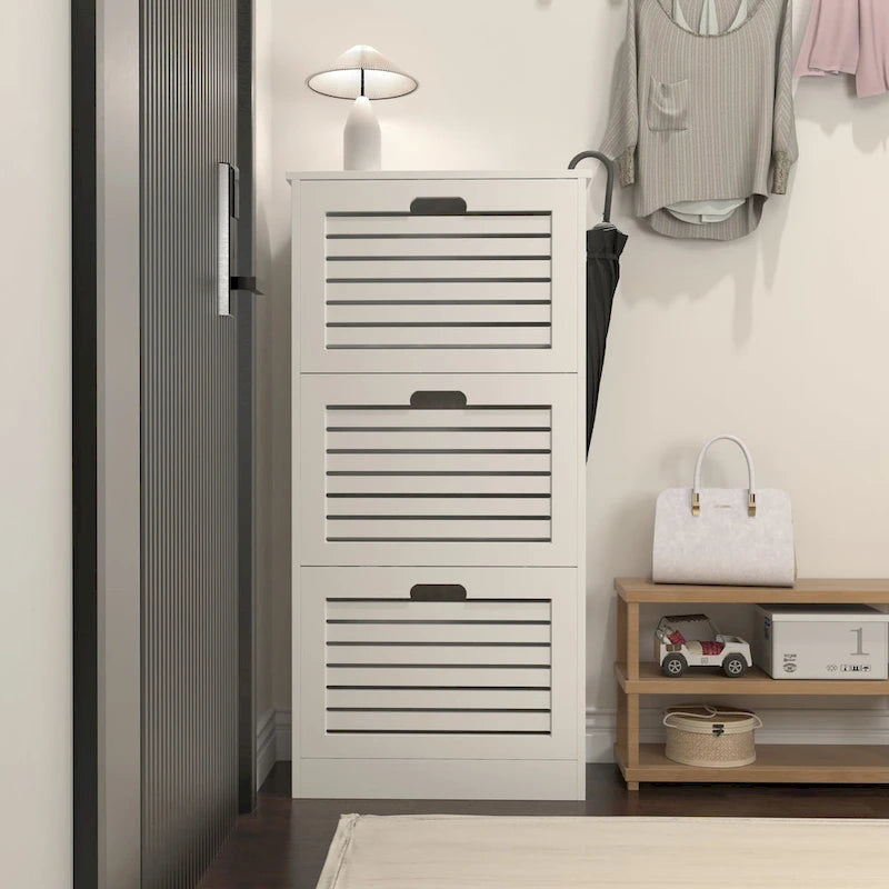 Scarpiera in legno per ingresso, scarpiera bianca con 3 ante a ribalta 53,2x24x109,5 cm