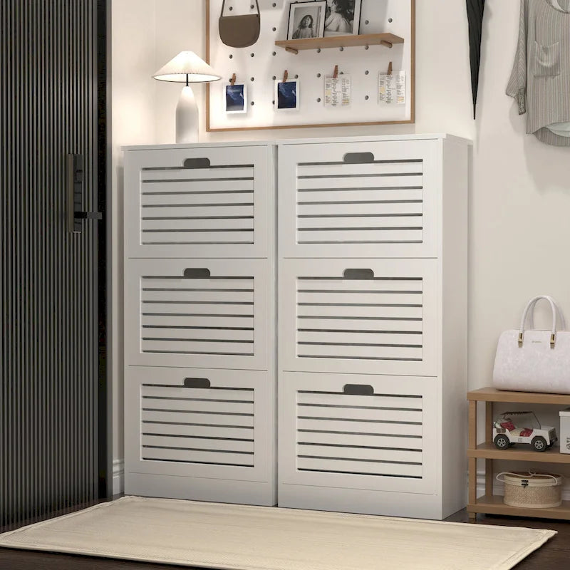 Scarpiera in legno per ingresso, scarpiera bianca con 3 ante a ribalta 53,2x24x109,5 cm