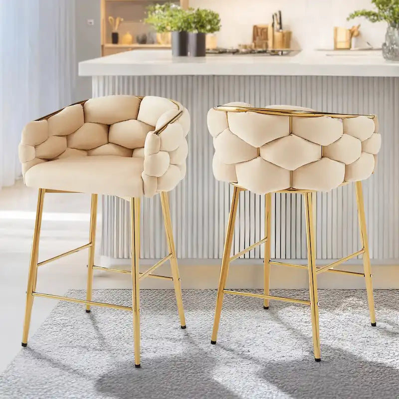 Set di 2 Sgabelli da Bar Moderni da 71 cm con Schienale Imbottito in Velluto, Seduta e Gambe in Metallo per Sala da Pranzo, Soggiorno e Camera da Letto