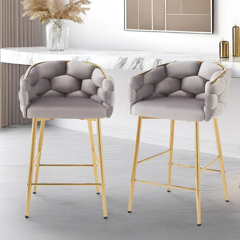 Set di 2 Sgabelli da Bar Moderni da 71 cm con Schienale Imbottito in Velluto, Seduta e Gambe in Metallo per Sala da Pranzo, Soggiorno e Camera da Letto