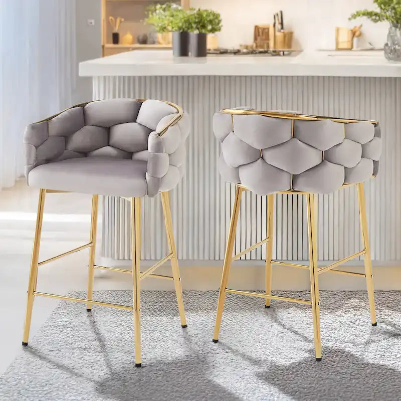 Set di 2 Sgabelli da Bar Moderni da 71 cm con Schienale Imbottito in Velluto, Seduta e Gambe in Metallo per Sala da Pranzo, Soggiorno e Camera da Letto