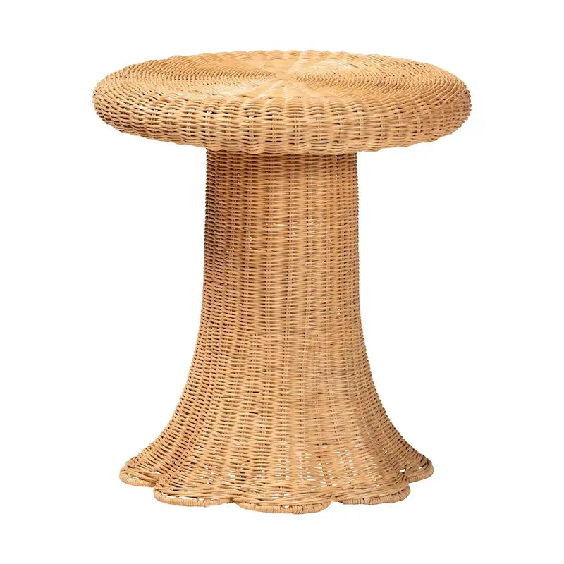 Tavolino con Capesante in Rattan Naturale - Tavolino in Vimini Intrecciato a Mano con Base a Gonna, Stile Costiero per Soggiorno o Ingresso
