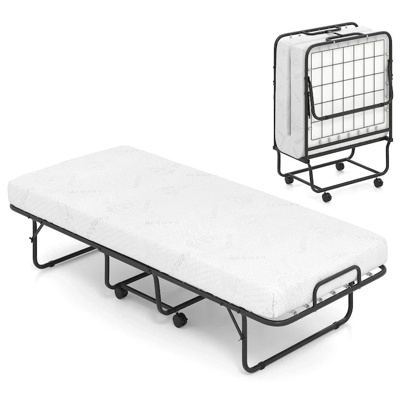 Letto Pieghevole con Materasso 188 x 79 cm, Letto Pieghevole per Ospiti con Rotelle