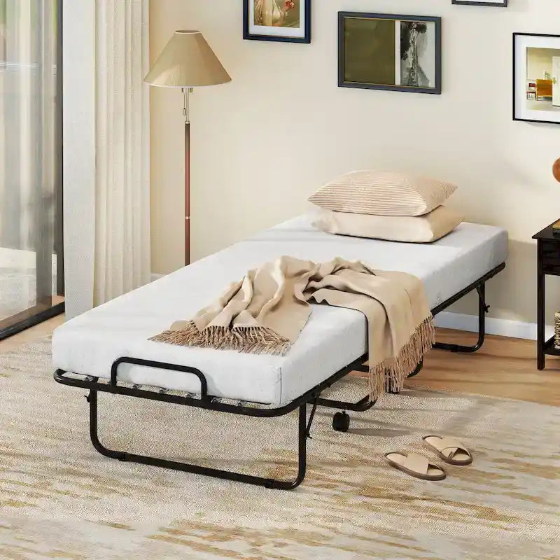 Letto Pieghevole con Materasso 188 x 79 cm, Letto Pieghevole per Ospiti con Rotelle