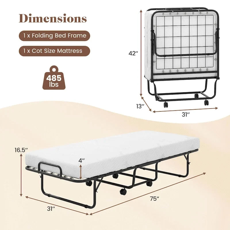 Letto Pieghevole con Materasso 188 x 79 cm, Letto Pieghevole per Ospiti con Rotelle