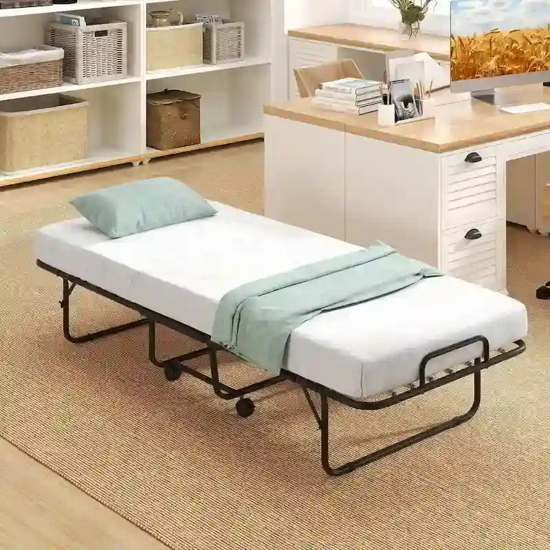 Letto Pieghevole con Materasso 188 x 79 cm, Letto Pieghevole per Ospiti con Rotelle