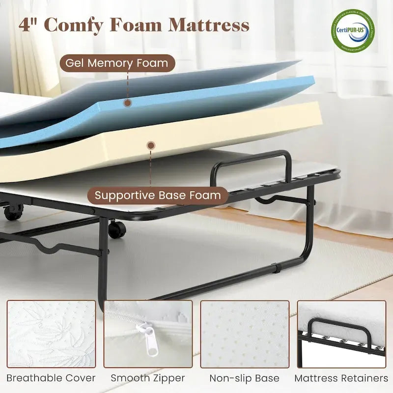 Letto Pieghevole con Materasso 188 x 79 cm, Letto Pieghevole per Ospiti con Rotelle