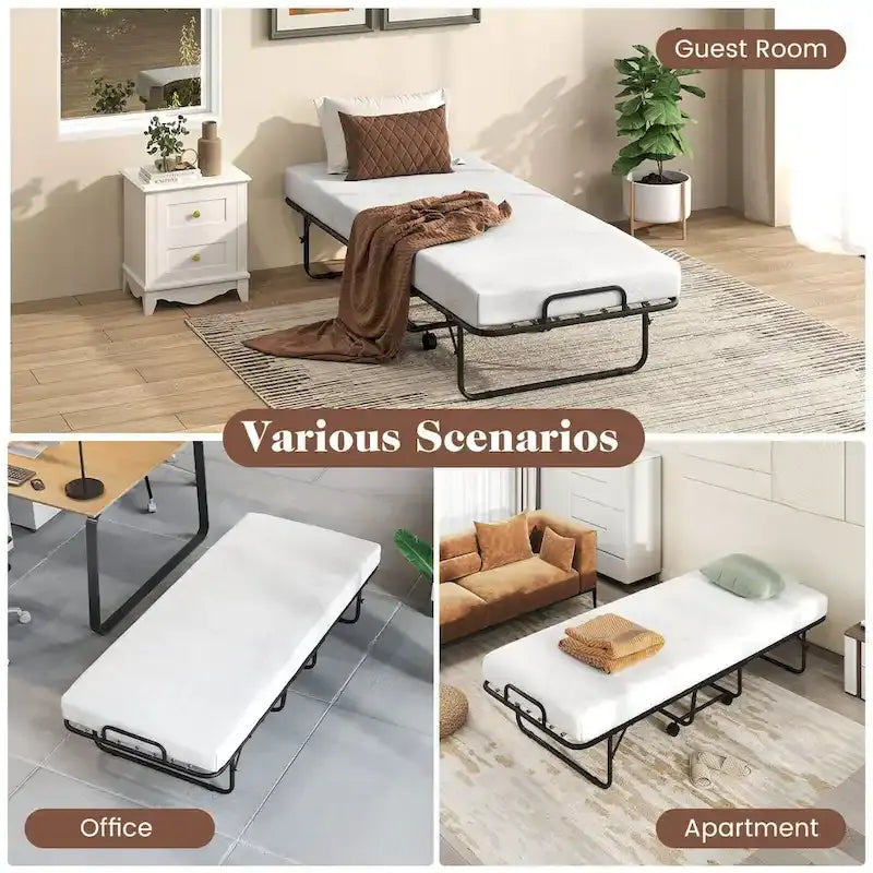 Letto Pieghevole con Materasso 188 x 79 cm, Letto Pieghevole per Ospiti con Rotelle