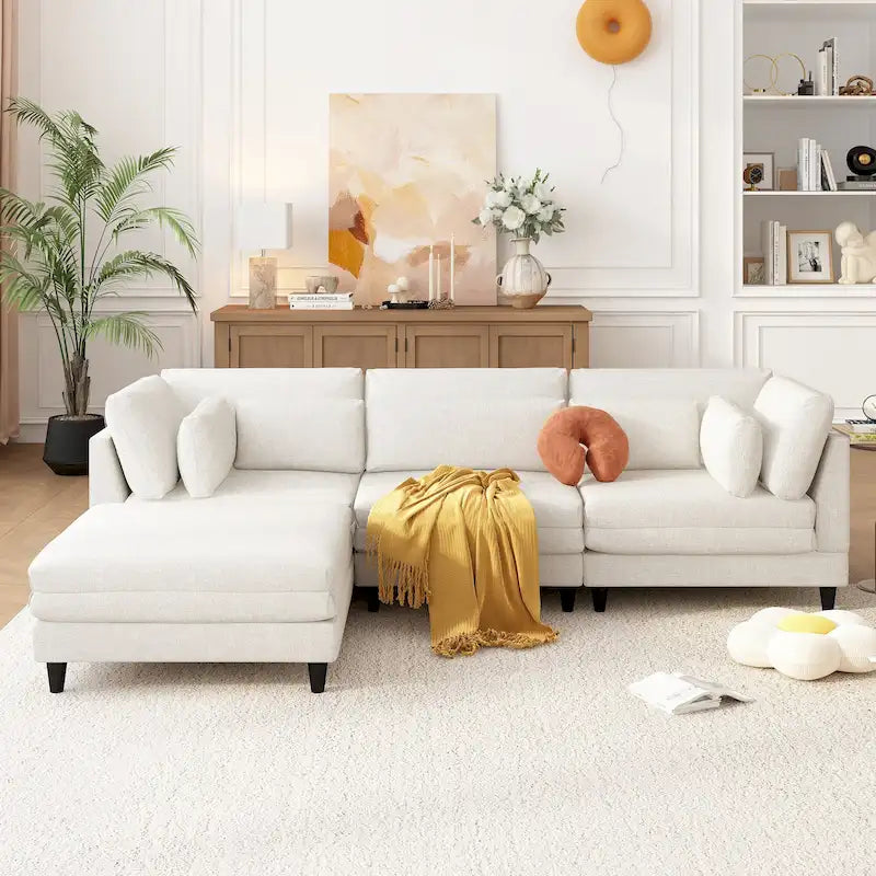 Divano sezionale modulare contemporaneo con pouf mobile e 5 cuscini