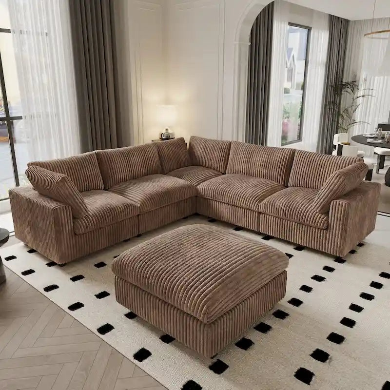 Divano componibile modulare, divano a V convertibile per soggiorno, comodo divano modulare a 5 posti con chaise longue e pouf