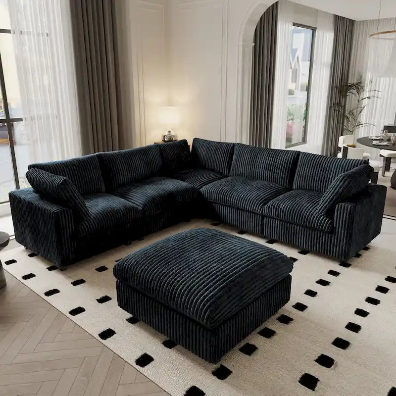 Divano componibile modulare, divano a V convertibile per soggiorno, comodo divano modulare a 5 posti con chaise longue e pouf