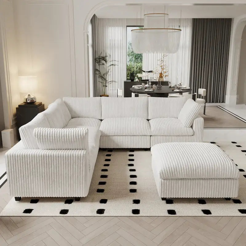 Divano componibile modulare, divano a V convertibile per soggiorno, comodo divano modulare a 5 posti con chaise longue e pouf