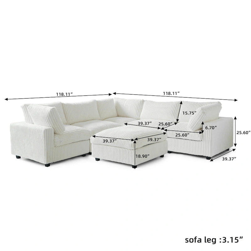 Divano componibile modulare, divano a V convertibile per soggiorno, comodo divano modulare a 5 posti con chaise longue e pouf
