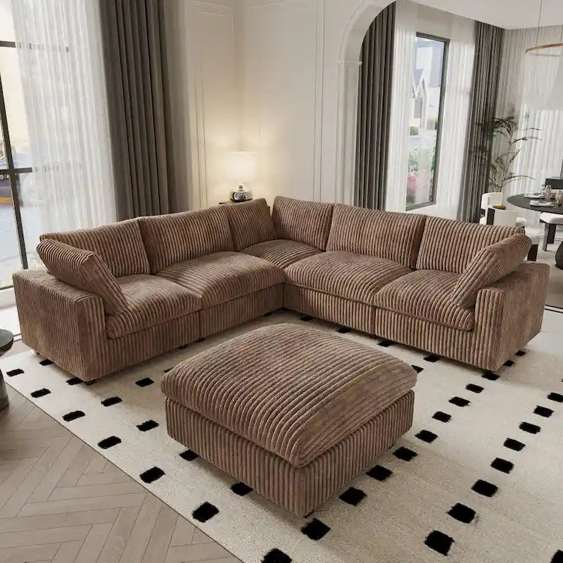 Divano componibile modulare, divano a V convertibile per soggiorno, comodo divano modulare a 5 posti con chaise longue e pouf