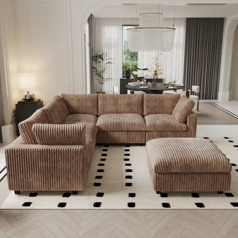 Divano componibile modulare, divano a V convertibile per soggiorno, comodo divano modulare a 5 posti con chaise longue e pouf