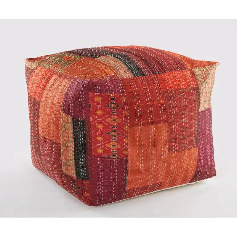 Pouf poggiapiedi quadrato rosso da 24 pollici con rivestimento in misto cotone e design moderno a patchwork