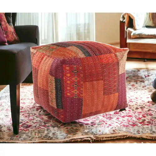 Pouf poggiapiedi quadrato rosso da 24 pollici con rivestimento in misto cotone e design moderno a patchwork
