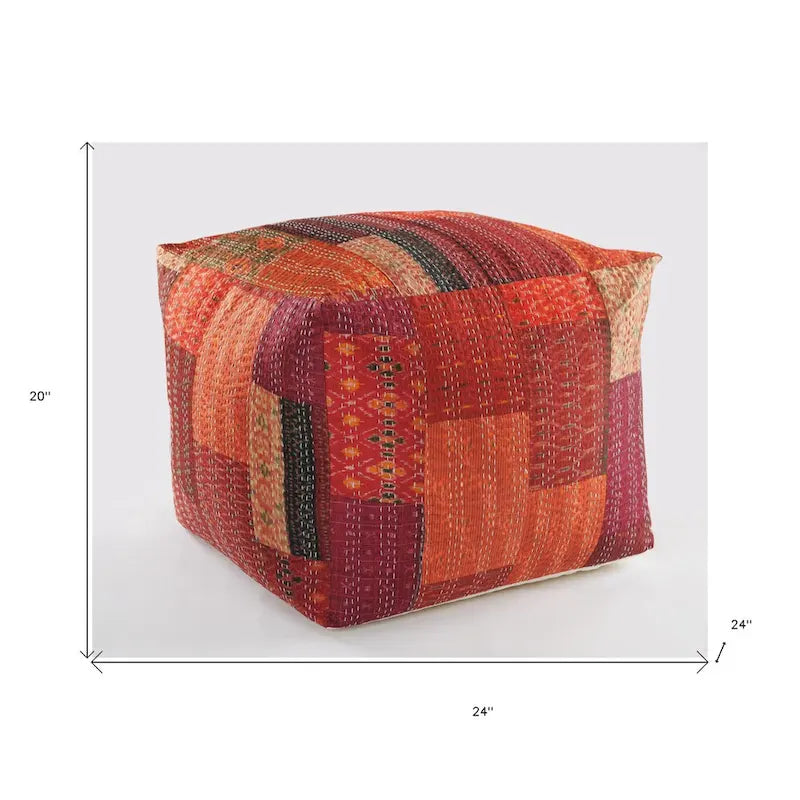 Pouf poggiapiedi quadrato rosso da 24 pollici con rivestimento in misto cotone e design moderno a patchwork