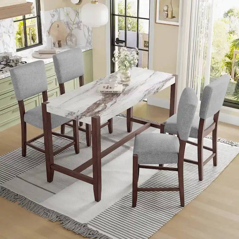 Set da Pranzo 5 Pezzi, Tavolo Alto con Top in Finto Marmo e 4 Sedie Imbottite