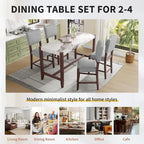Set da Pranzo 5 Pezzi, Tavolo Alto con Top in Finto Marmo e 4 Sedie Imbottite