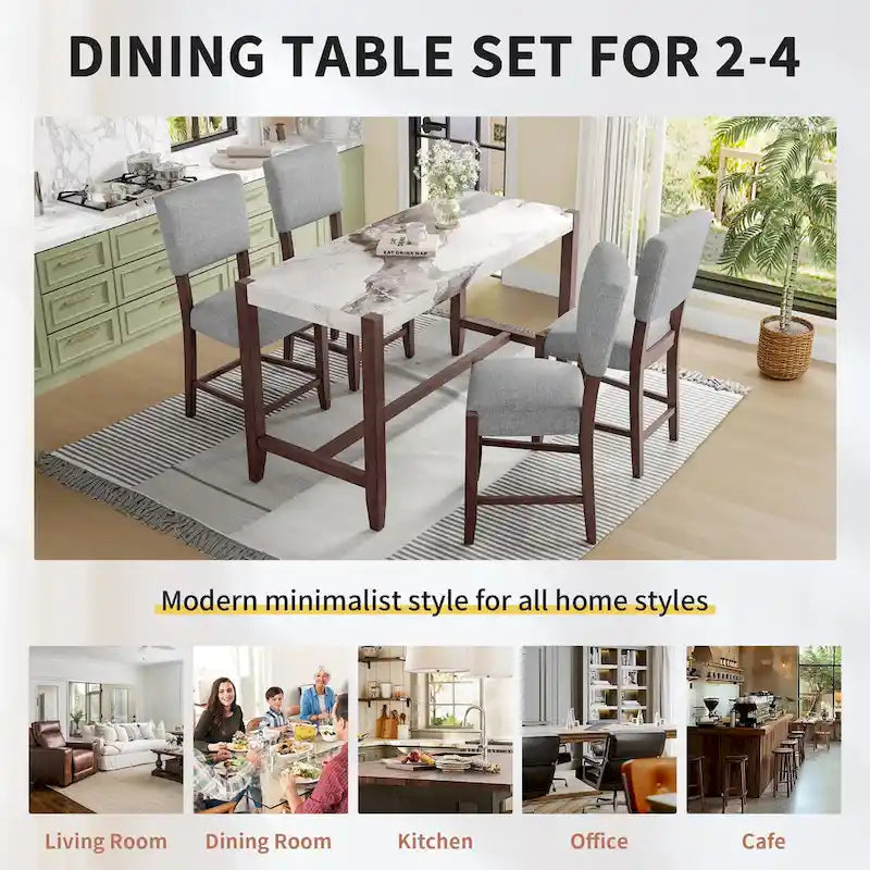Set da Pranzo 5 Pezzi, Tavolo Alto con Top in Finto Marmo e 4 Sedie Imbottite