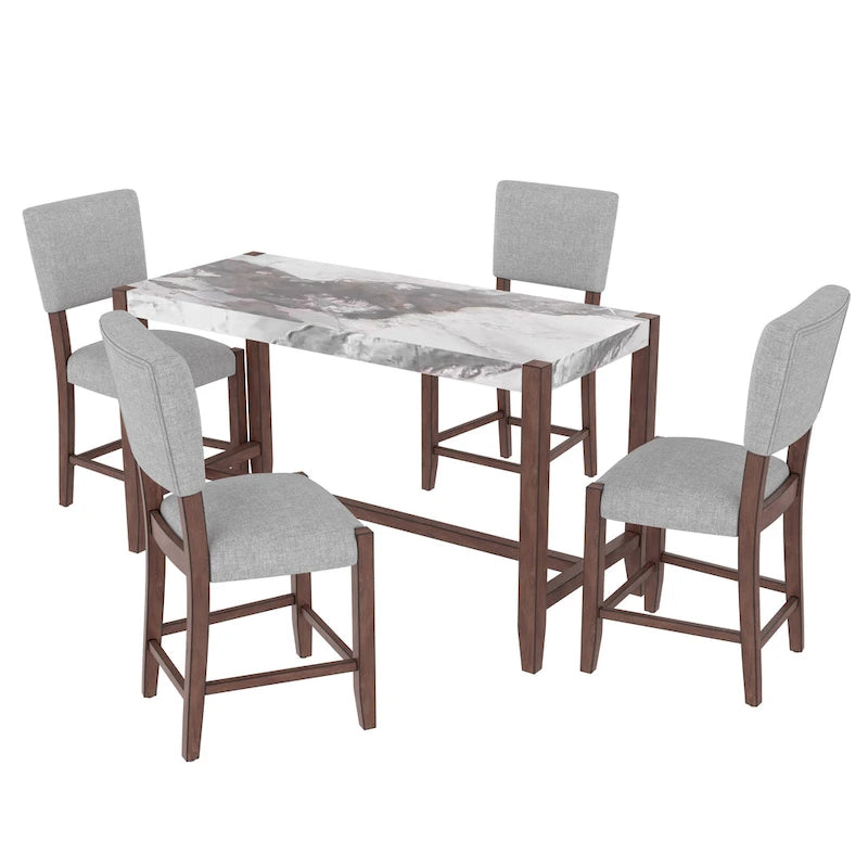 Set da Pranzo 5 Pezzi, Tavolo Alto con Top in Finto Marmo e 4 Sedie Imbottite