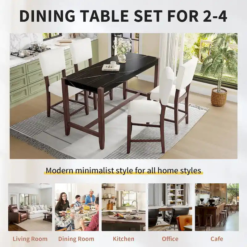 Set da Pranzo 5 Pezzi, Tavolo Alto con Top in Finto Marmo e 4 Sedie Imbottite
