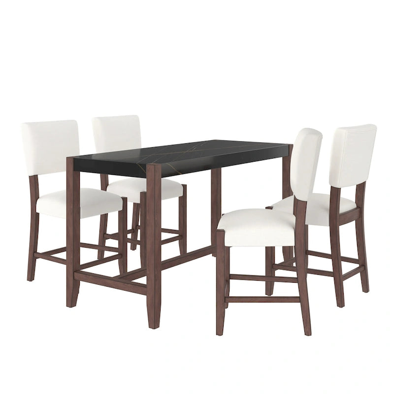 Set da Pranzo 5 Pezzi, Tavolo Alto con Top in Finto Marmo e 4 Sedie Imbottite