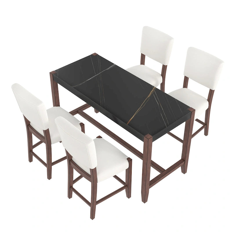 Set da Pranzo 5 Pezzi, Tavolo Alto con Top in Finto Marmo e 4 Sedie Imbottite