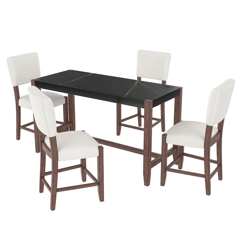 Set da Pranzo 5 Pezzi, Tavolo Alto con Top in Finto Marmo e 4 Sedie Imbottite