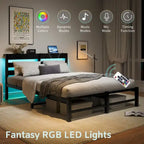 Letto matrimoniale moderno in metallo nero con testiera in legno e luci RGB