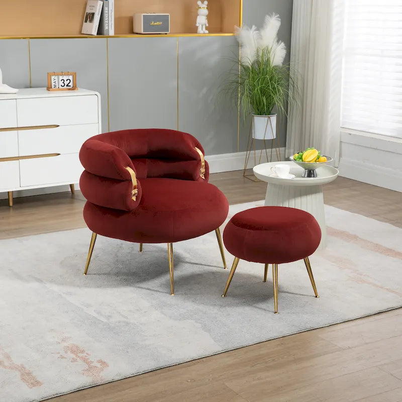 Poltrona a botte moderna imbottita color rosso vino da 74 cm con pouf e robusto telaio in metallo