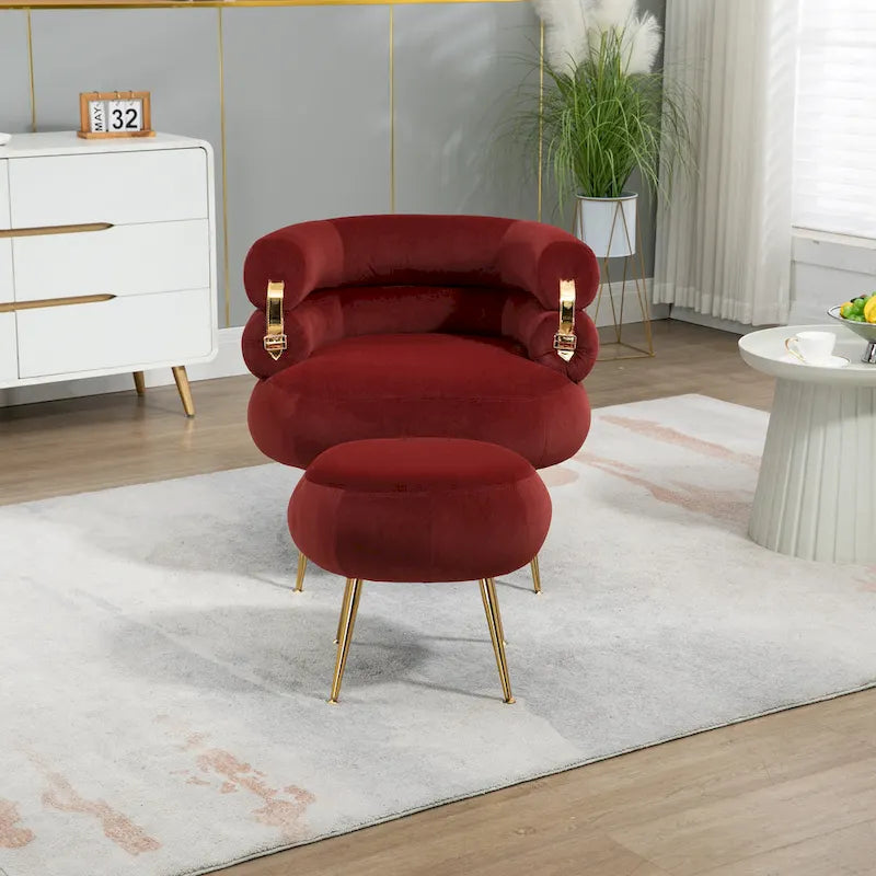 Poltrona a botte moderna imbottita color rosso vino da 74 cm con pouf e robusto telaio in metallo