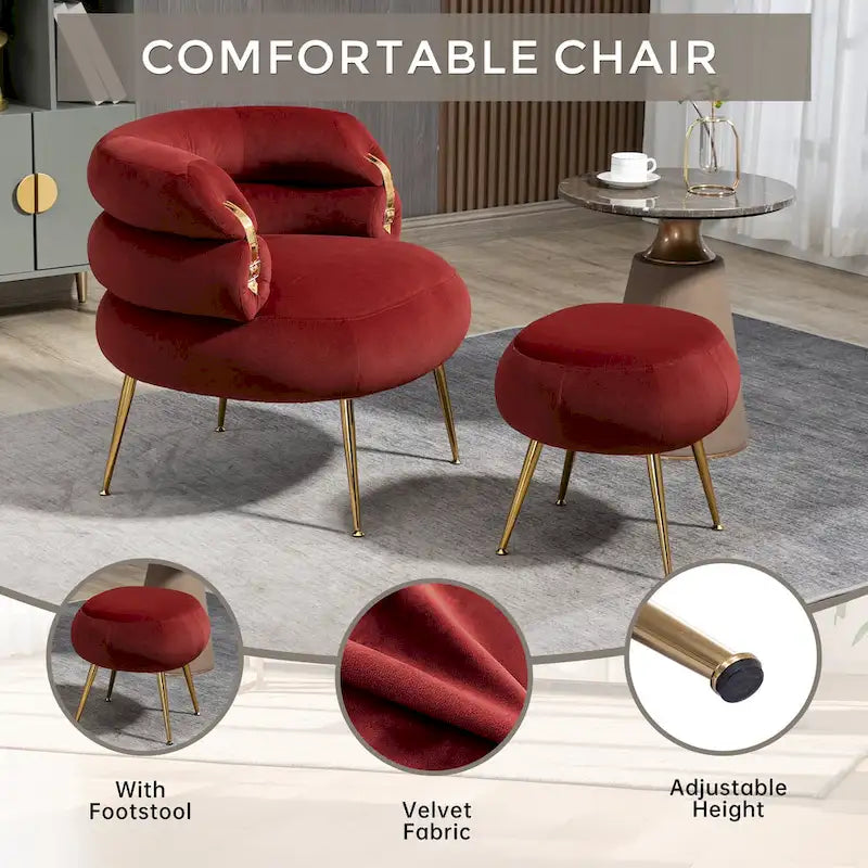 Poltrona a botte moderna imbottita color rosso vino da 74 cm con pouf e robusto telaio in metallo