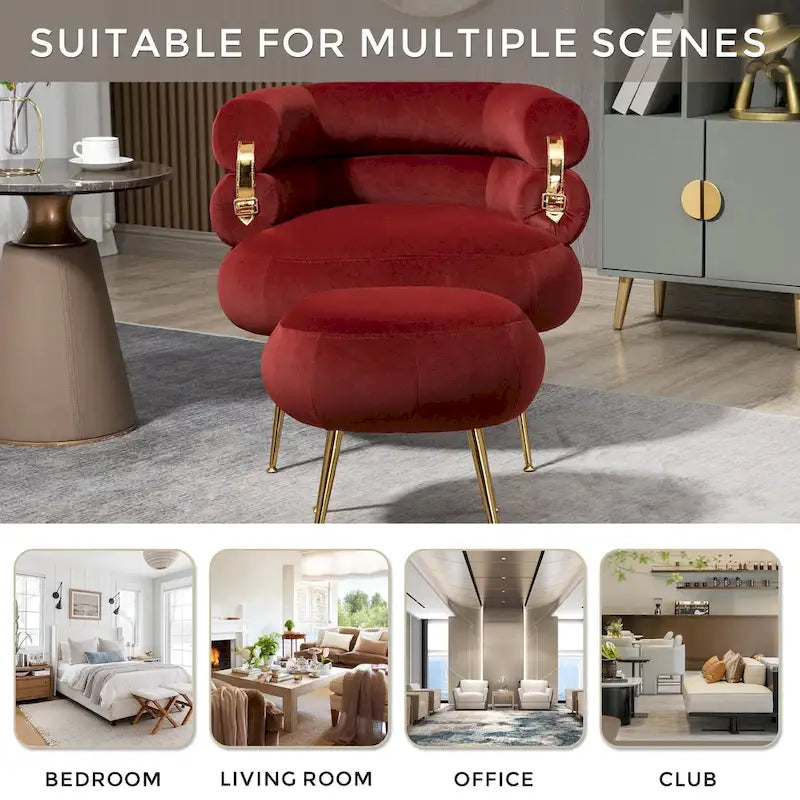 Poltrona a botte moderna imbottita color rosso vino da 74 cm con pouf e robusto telaio in metallo