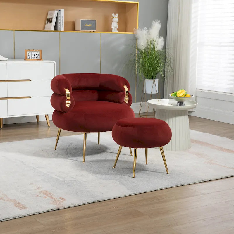 Poltrona a botte moderna imbottita color rosso vino da 74 cm con pouf e robusto telaio in metallo