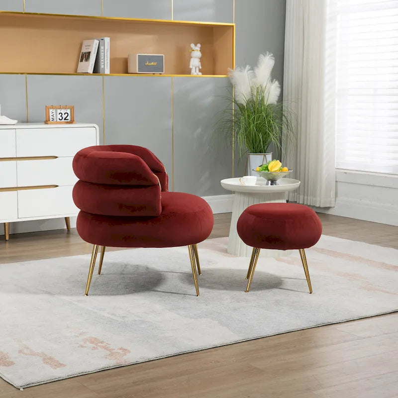 Poltrona a botte moderna imbottita color rosso vino da 74 cm con pouf e robusto telaio in metallo