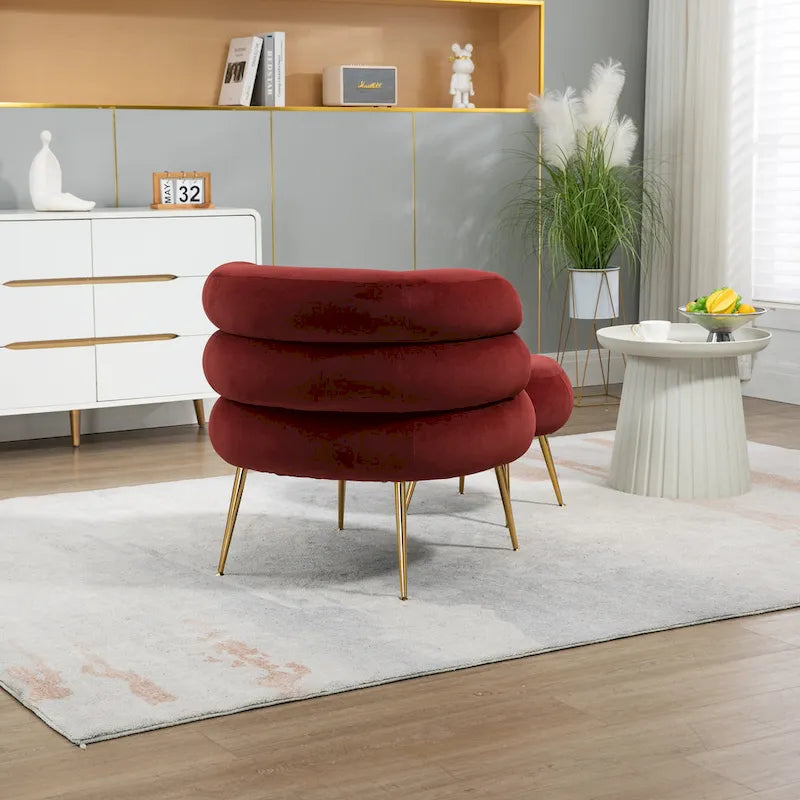 Poltrona a botte moderna imbottita color rosso vino da 74 cm con pouf e robusto telaio in metallo
