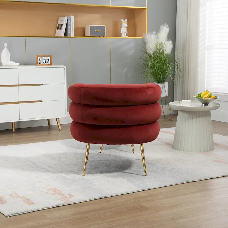 Poltrona a botte moderna imbottita color rosso vino da 74 cm con pouf e robusto telaio in metallo