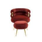 Poltrona a botte moderna imbottita color rosso vino da 74 cm con pouf e robusto telaio in metallo