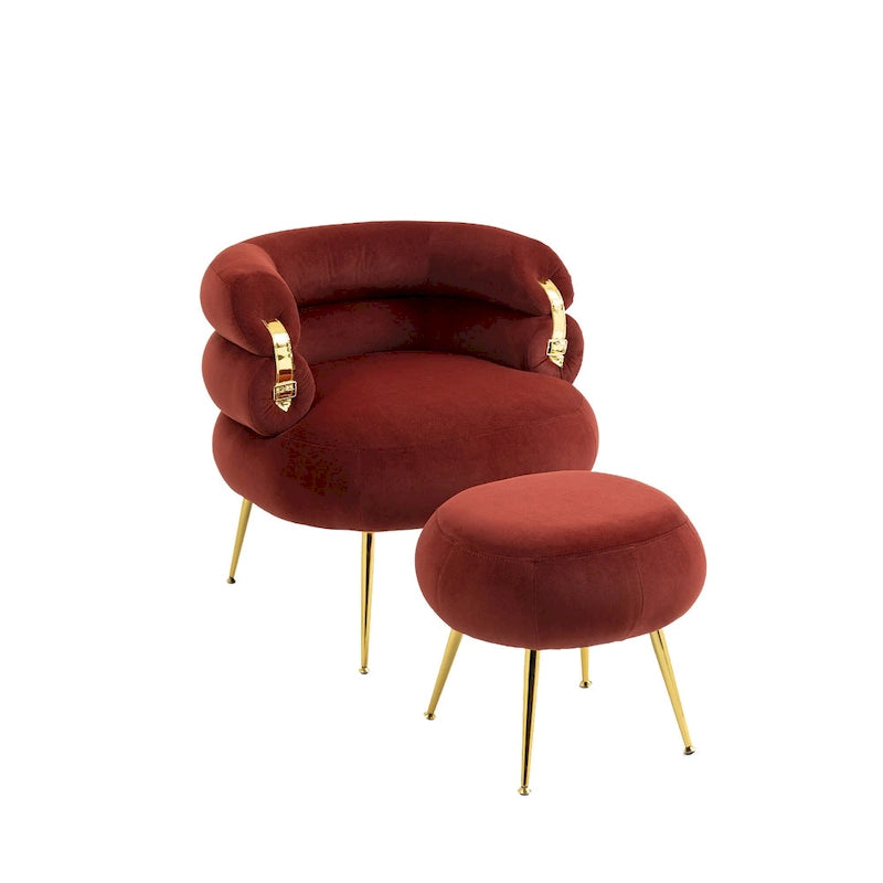 Poltrona a botte moderna imbottita color rosso vino da 74 cm con pouf e robusto telaio in metallo
