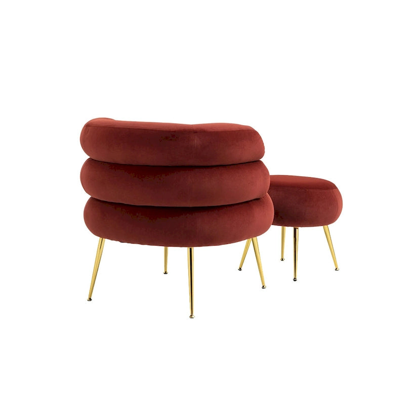 Poltrona a botte moderna imbottita color rosso vino da 74 cm con pouf e robusto telaio in metallo
