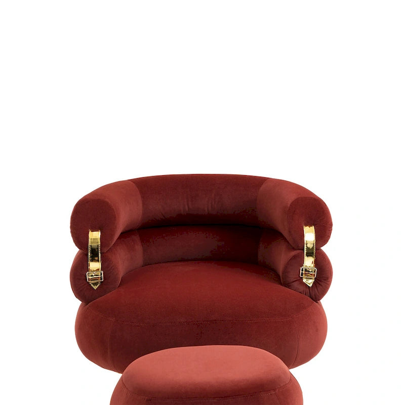 Poltrona a botte moderna imbottita color rosso vino da 74 cm con pouf e robusto telaio in metallo