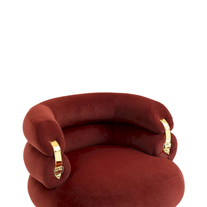 Poltrona a botte moderna imbottita color rosso vino da 74 cm con pouf e robusto telaio in metallo