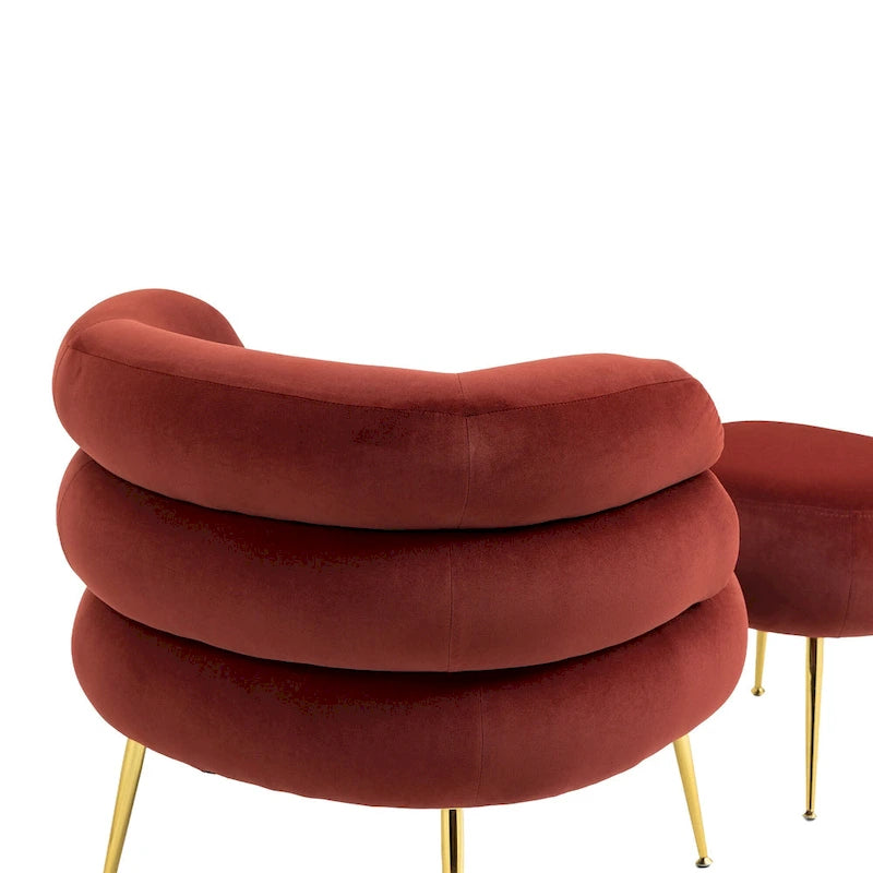 Poltrona a botte moderna imbottita color rosso vino da 74 cm con pouf e robusto telaio in metallo