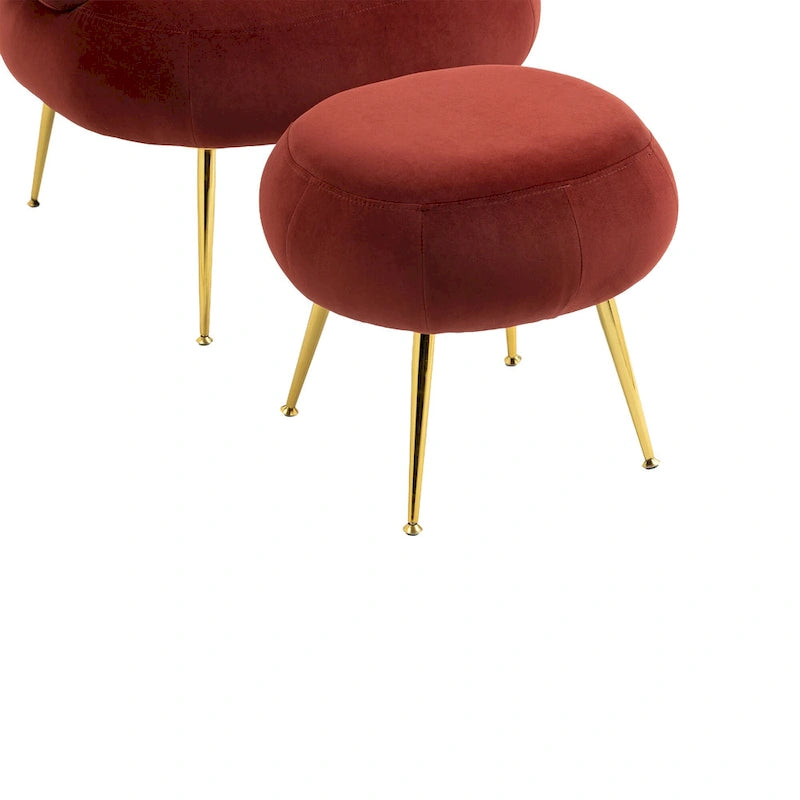 Poltrona a botte moderna imbottita color rosso vino da 74 cm con pouf e robusto telaio in metallo