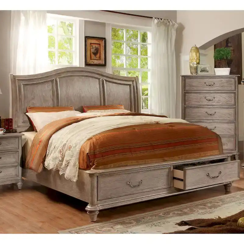 Wury Letto a Piattaforma Grigio Rustico in Legno Massello con 2 Cassetti