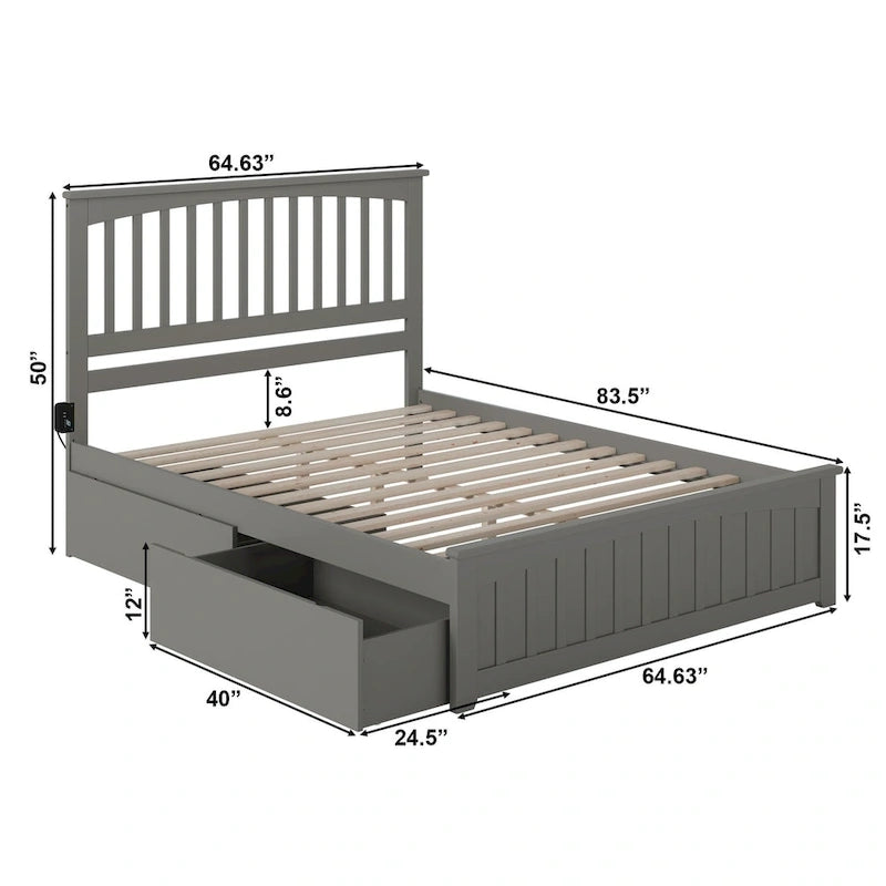 Letto matrimoniale Mission Queen con pediera abbinata e 2 cassetti letto Urban in grigio