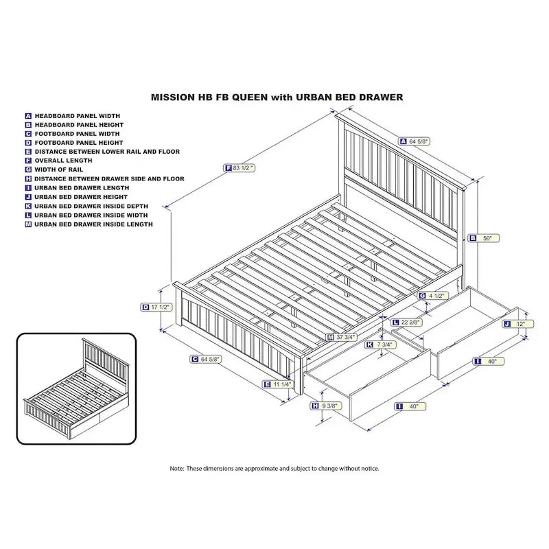Letto matrimoniale Mission Queen con pediera abbinata e 2 cassetti letto Urban in grigio