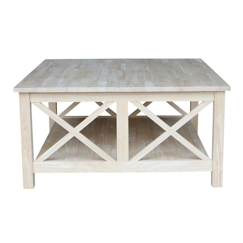 Tavolino quadrato in legno massello non rifinito con ripiano inferiore - 91,4 cm L x 91,4 cm P x 45,7 cm H.